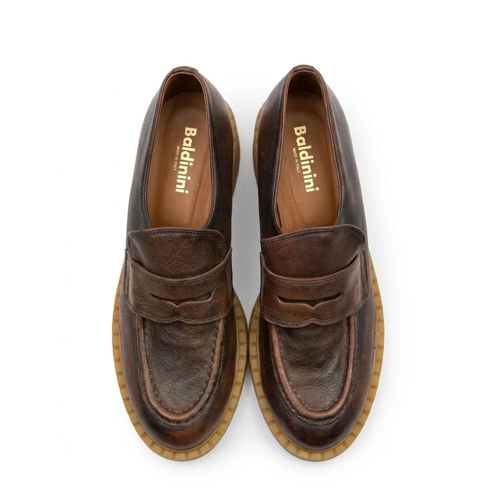 Baldinini Brown Burnished Leather  Loafers Italian Lug Sole Chunky Heel 40 NWOT